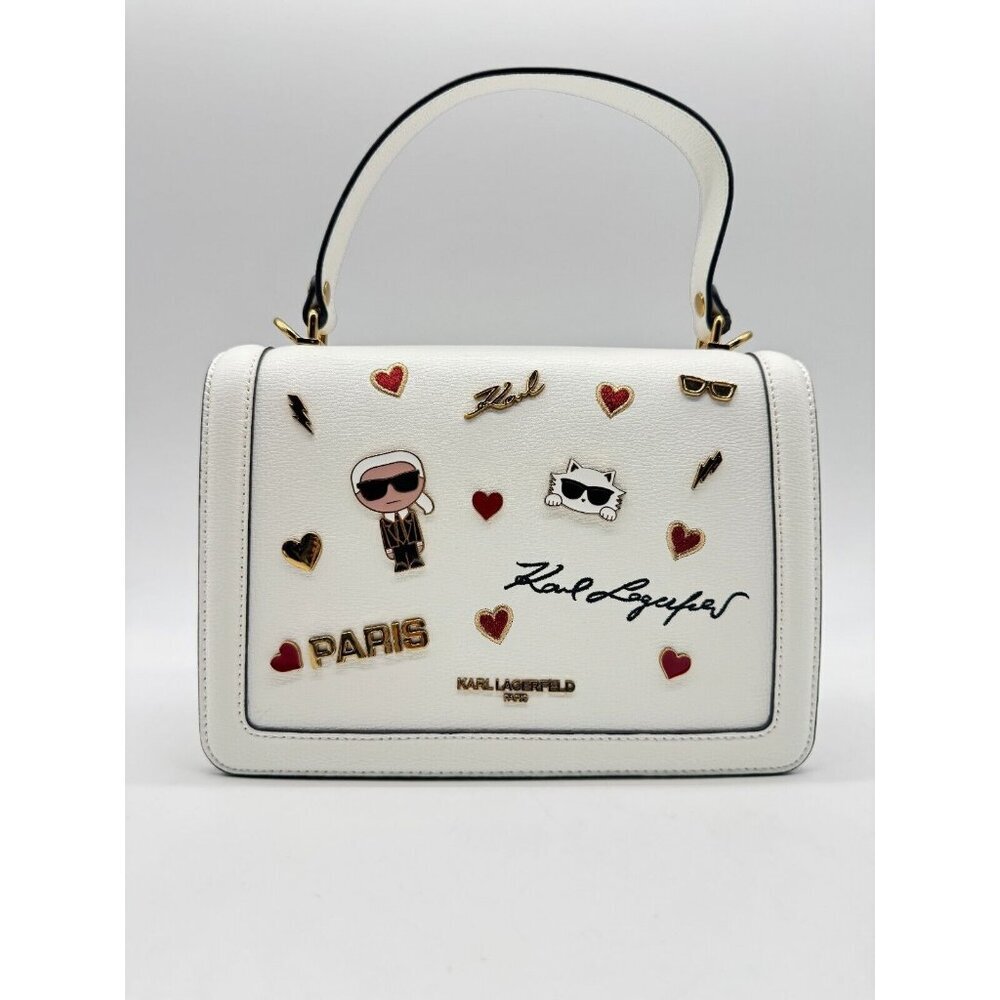 KARL LAGERFELD Simone leather flap top handle small satchel (no long strap)WHITE